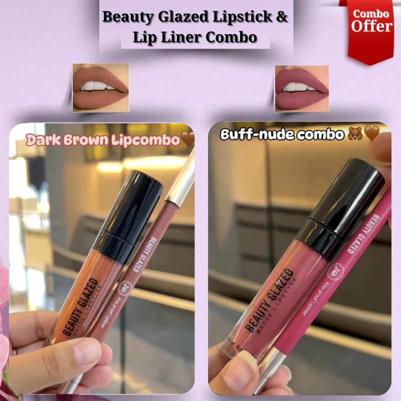 BeautyGlazedLipstickLipLinerCombo(5) Dark Brown + Buff Nude (2 set Combo) - Image 1